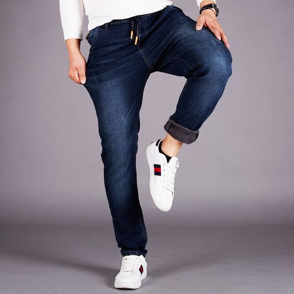 

classic design mens stretch denim jeans elastic waist spandex jeans pants plus size 5xl 6xl 48 regualr fit famous brand, Blue
