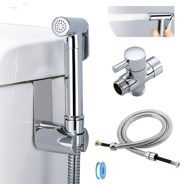 

Toilet hand held bidet sprayer kit brass chrome plated bathroom bidet faucet spray shower head with hose & T-adapter & holder