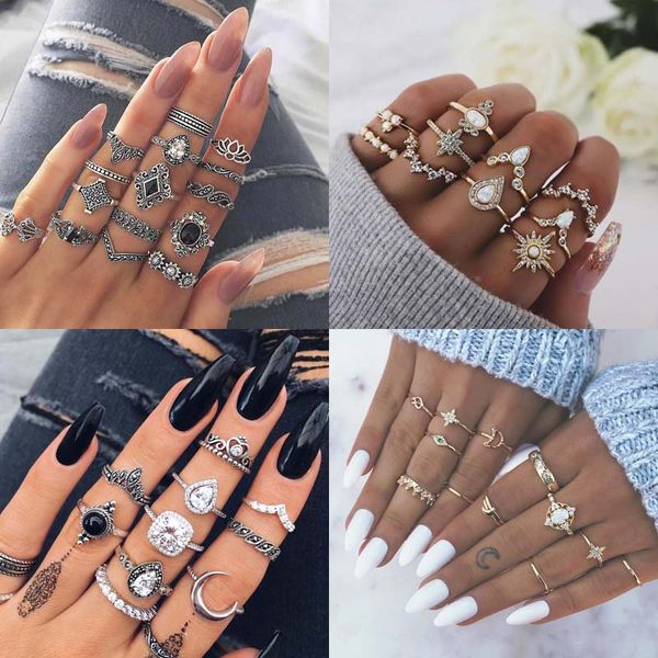 Bohemian Midi Knuckle Finger Rings Set per le donne Vintage Turtle Elephant lotus Moon Crystal Wedding Anelli in argento dorato Gioielli Boho