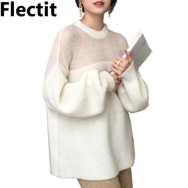 

flectit contrast sheer-trim oversize knit sweater with balloon sleeve women jumpers pullover sweater top, White;black