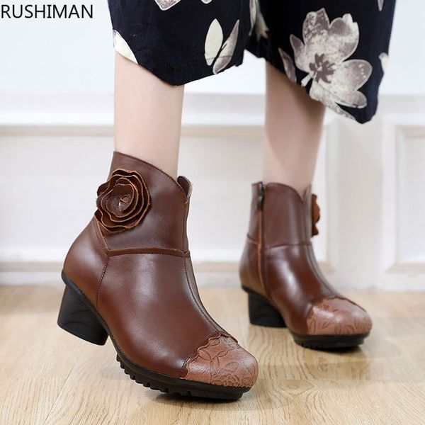 

rushiman 2019 winter new genuine leather folk boots flower soft bottom round head mother cotton boots female size 35-41, Black