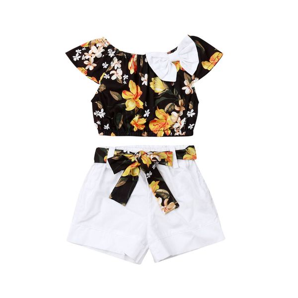 

baby summer clothing 2pcs newborn baby kid girl outfits floral crops t-shirt solid sash shorts fashionable casual 1-5t, White