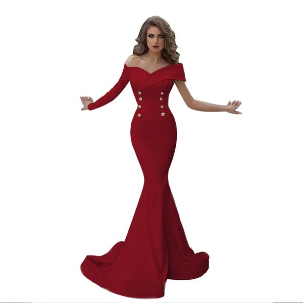 

vintage mermaid prom dresses long sleeves backless royal blue vintage evening dress formal gown robe de soiree off shoulder party gowns 2020, Black