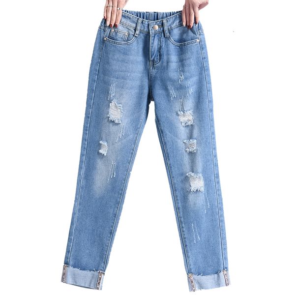 

boyfriend denim jeans for women hole ripped jeans casual pants female elastic waist skinny denim girl blue