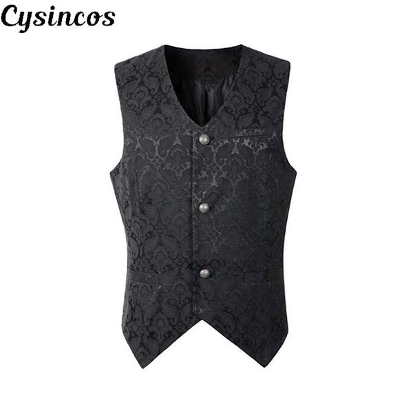 

cysincos fashion men single breasted lapel collar waistcoat business print vest gothic steampunk split blazer dress suit short, Black;white