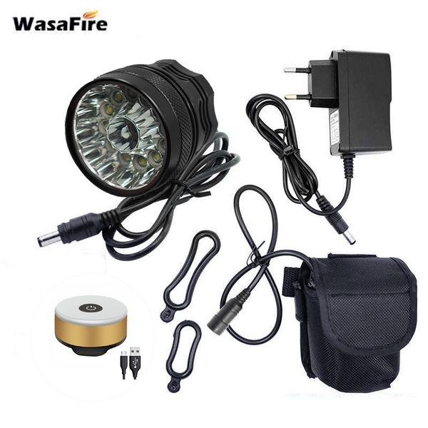 

wasafire 13*xml-t6 led bicycle front light 8.4v 18650 9600mah battery cycling headlight safety warning usb bike rear lights
