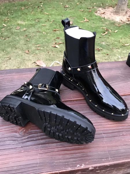 

2019 spring fall womens ladies black shiny patent leather with stretch fabric belt buckle strap gold studs spike short boots