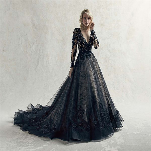 

Black Wedding Dress Long Sleeve Vintage Lace Gowns robe mariee mariage reception Bride vestido de noiva1, Champagne