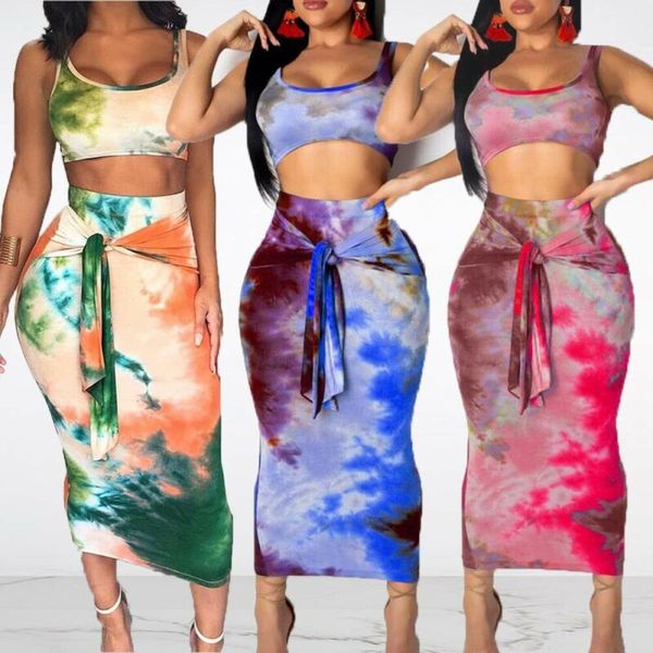 

summer beach style fitted women clothing sets patterned tank and high waisted maxi skirts with bow tie detailed, White