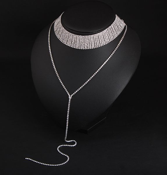 

ornaments chokers multi-layer long necklace shining rhinestone for women party jewelry gift, Golden;silver