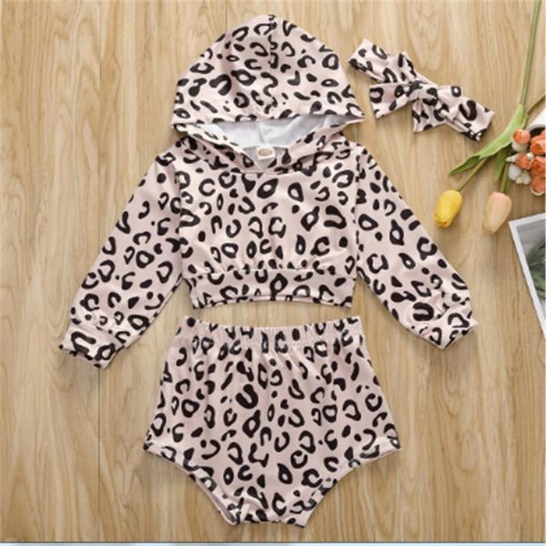 

new children leopard print three-piece outfit hooded + shorts + headband set, White