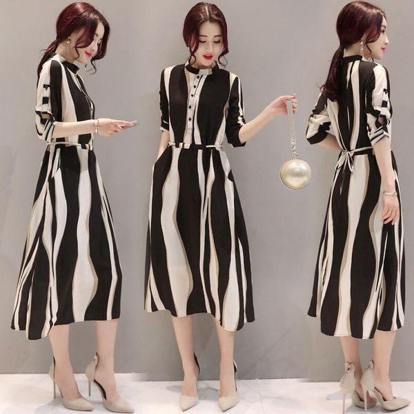 

spring and summer new women's korean slim chiffon geometric stripe a-line dress trend, Black;gray