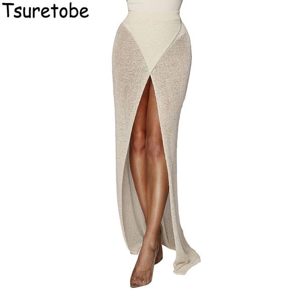 

tsuretobe fahion knitting maxi skirt women casual cross elegant beach skirt vestidos bodycon trumpet long female, Black