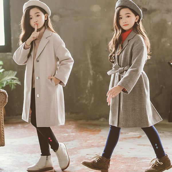 

korean style girls wool coat for teenage girls outerwear coat kids clothes winter thick belt woolen coat, Blue;gray