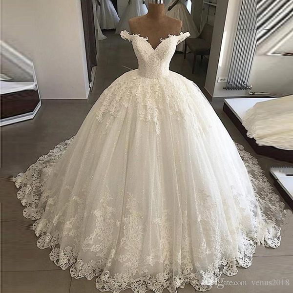 

elegant off shoulder country wedding dresses ball gowns lace appliques beach bridal gowns puffy dress custom plus size dress with petticoat, White