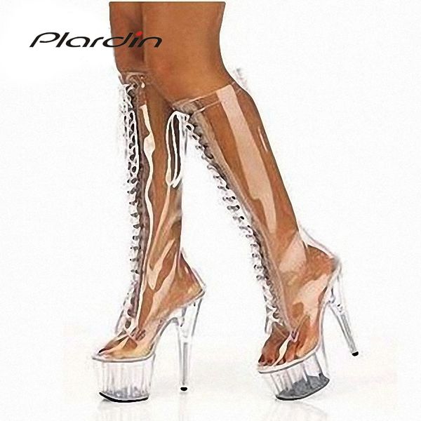 

plardin plus size 35-46 transparent 15cm high heels 5cm platform peep toe cross-tied mid-calf nightclub dance party boots, Black