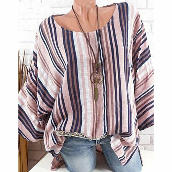 

plus size 4xl women raglan long sleeve blouse ladies casual loose cotton linen striped baggy tunic o neck blouses, White