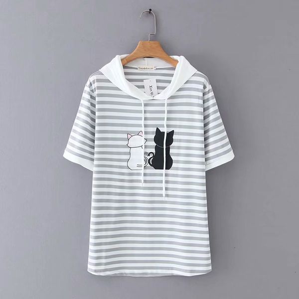 

plus size women loose stripes tshirt casual short-sleeved cotton t-shirt, White