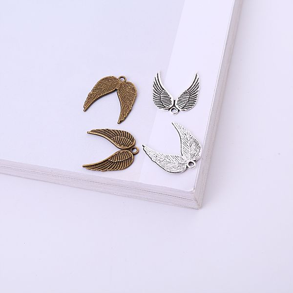 

200pcs/bag ancient silver bronze 21*19mm angel wing feather charms pendants designer jewelry making necklace bracelet accessories gift, Bronze;silver