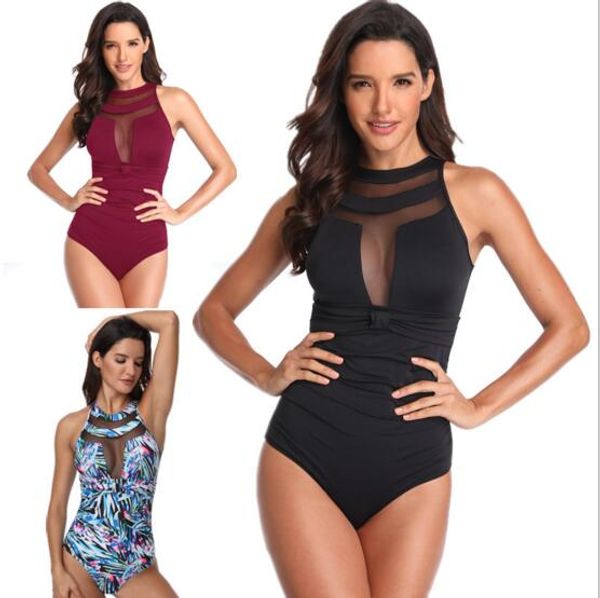 

new women bikini one pieces flower print mesh patckwork swimsuit summer beach swimwear for women bikini lady swimsuit ship, White;black