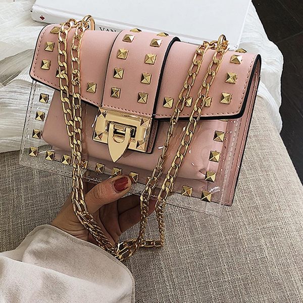 

small clear brand designer woman 2020 new fashion messenger bag chains shoulder bag female rivets transparent square pu handbag