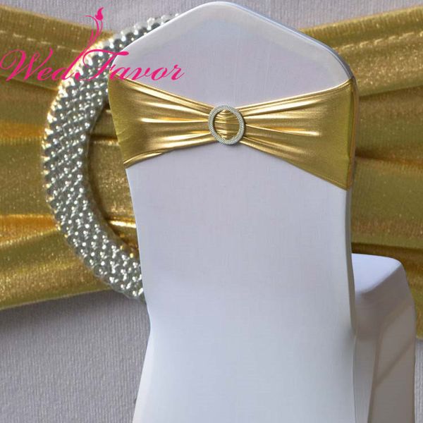 

wedfavor 100pcs bronzing elastic stretch chair bow metallic gold lycra spandex chair sash bands with round buckle for wedding