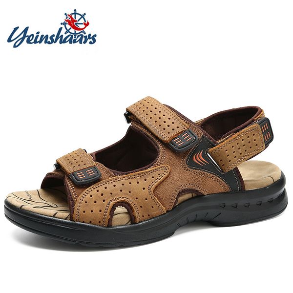 

yeinshaars genuine leather new fashion summer breathable men sandals beach shoes men's causal shoes, Black