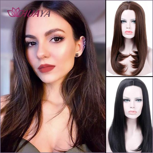 

huaya middle part long straight wigs high temperature fiber sythetic hairpieces women' daily false hair black/brown