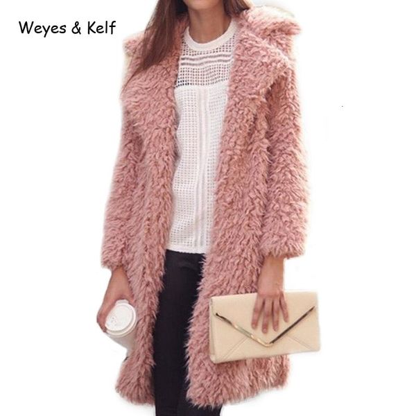 

weyes & kelf solid turn-down collar fur womens wool coats2018 winter warm pink long trench coat for women, Black