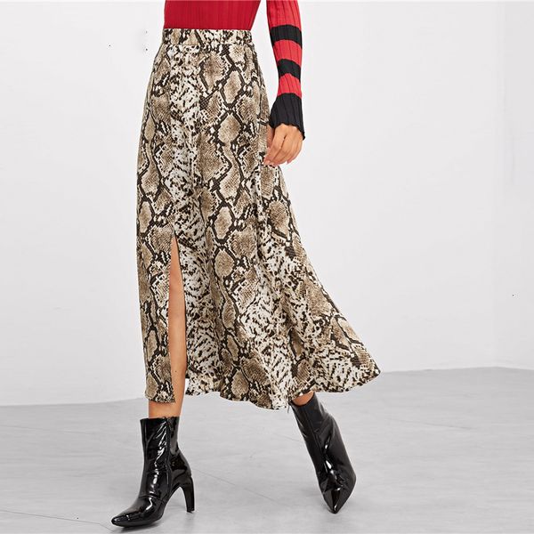 

long skirt women long skirts snake skin polyester print split casual skirt women autumn street a line skirt office ladies elegant, Black