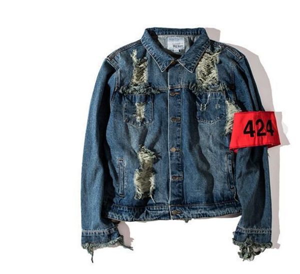 

wholesale- hip hop men's denim jacket four two four 424 spring summer vintage broken hole jeans designer ripped denim jacket, Black;brown