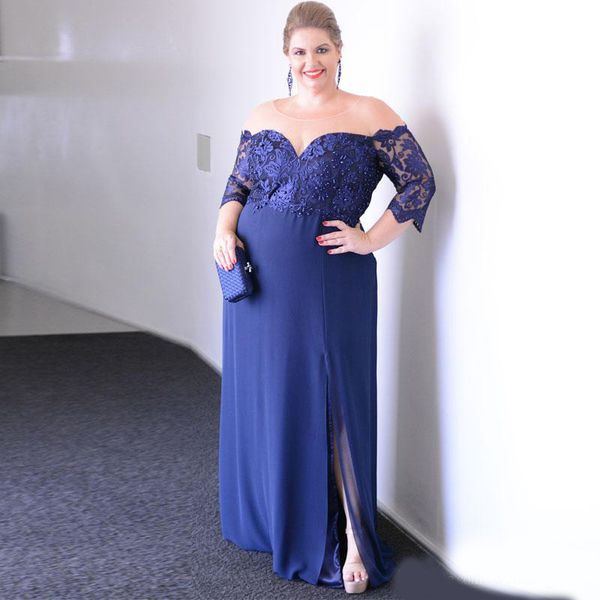 

attractive beaded plus size prom dresses a line sheer bateau neck appliqued evening gown with half sleeves chiffon side split formal dress, Black