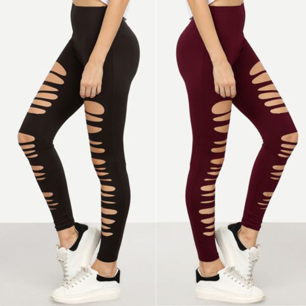 

женские эластичные рваные slim fit тощие полная длина высокая талия отверстие леггинсы брюки повседневные брюки карандаш, Black;white
