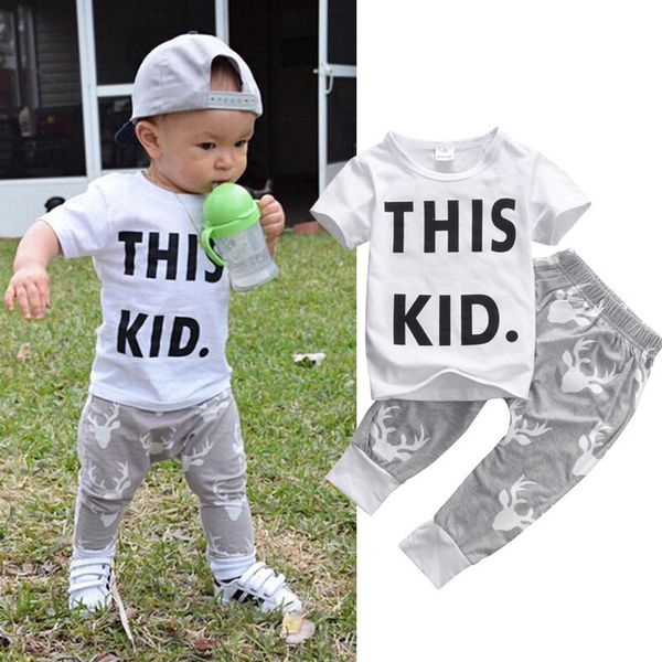 

toddler kids baby boy clothes short sleeve this kid letter print t-shirt deer pants 2pcs outfits bebes clothing set 0-5y, White