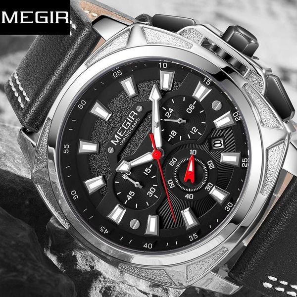 

megir mens watches chronograph gold men watch quatz sport watch men male clock man waterproof wristwatch, Slivery;brown