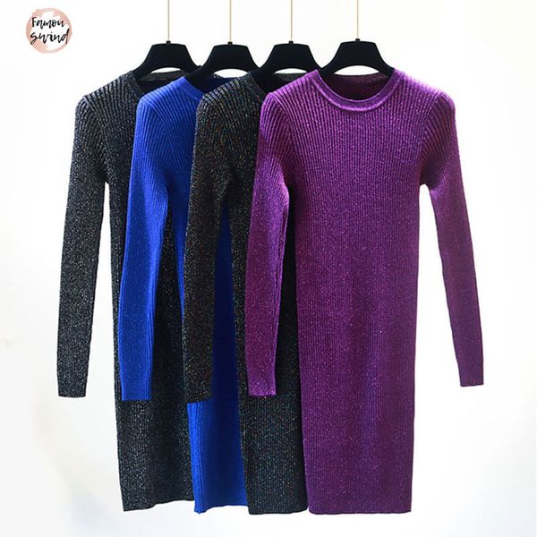 

dress 2019 warm glitter autumn winter women o neck shiny sweater mini dress female solid twill basic knit dress, Black;gray