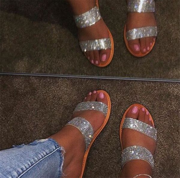 

summer rhinestone flats ladies sandals casual beach slippers fashion ph-cfy20061842, Black