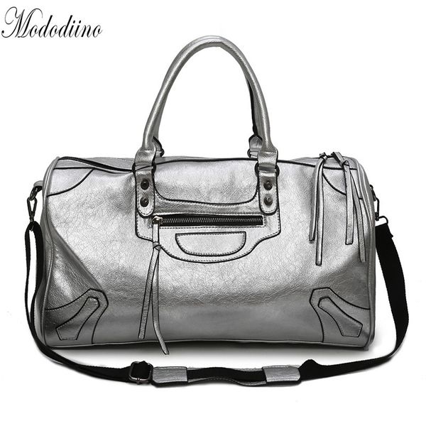 

mododiino silver travel foldable duffel bag waterproof women leather travel bag hand luggage tassel crossbody handbag dv1298