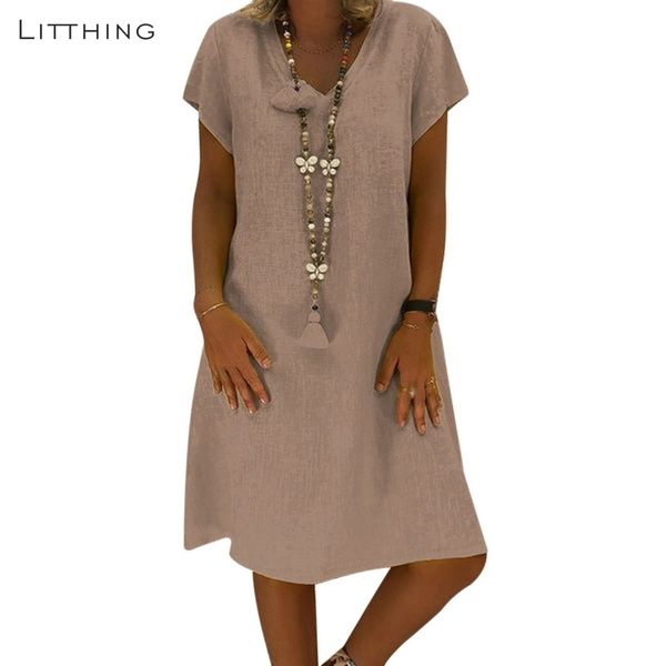 

litthing women casual dress v neck casual summer loose short sleeve cotton solid dress ladies beach sundress 2019, Black;gray
