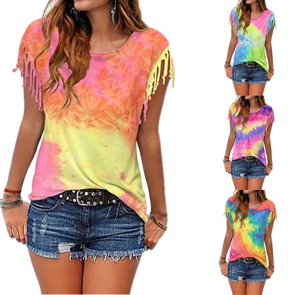 

new women t shirt tie dye burnt tassel o neck short sleeve tee shirts summer casual loose clothing, White