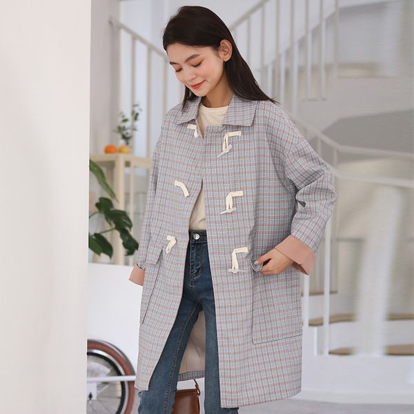 

fashion chic checked trench coat cow horn button plaid women's coats large size student young korean style women windbreaker, Tan;black