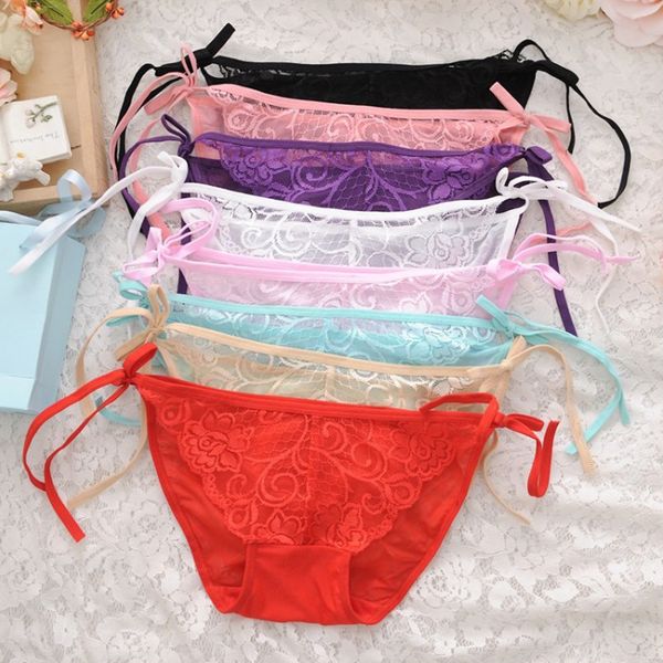 

s//l fit women low rise underwear briefs sheer floral lace side tie lingerie solid color hollow out thong panties, Black;pink