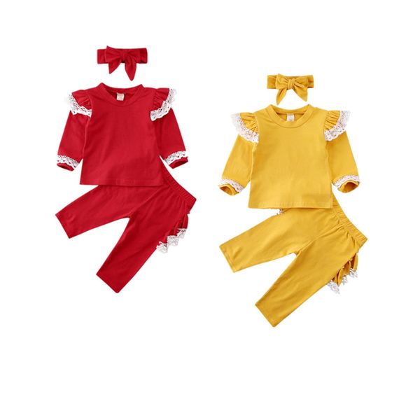 

baby girl clothes lace ruffle long sleeve t-shirt pants outfits, White