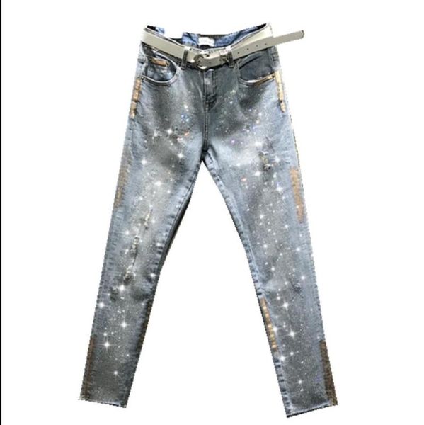 

2020 spring and autumn new rhinestone gold skinny jeans women high waist was thin hole denim nine points pants r751, Blue