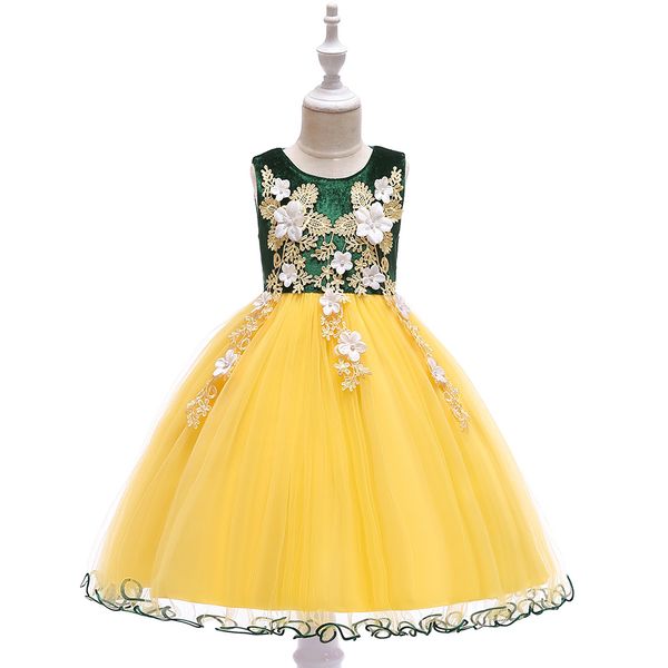 

girls princess 3d embroidered nail bead flower birthday party dress with accessories crown age of 3-8 years, Red;yellow