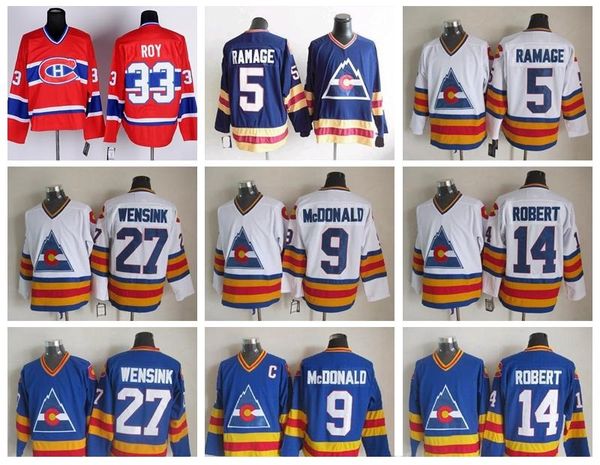 

colorado avalanche 33 patrick roy jersey men hockey 27 john wensink 5 rob ramage 14 rene robert 9 lanny mcdonald vintage ccm, Black;red