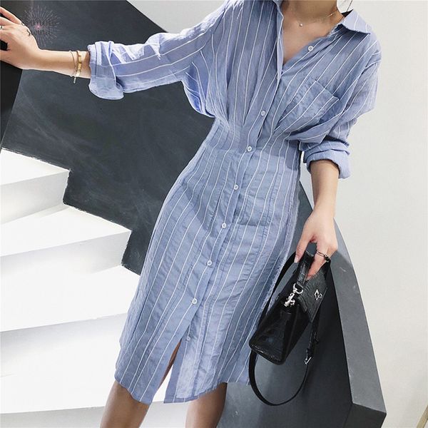 

autumn women dress style slim waist shirt striped dress long sleeve knee length ladies elegant midi dress vestidos jurken, Black;gray