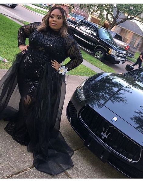 

black sequined mermaid prom dresses with overskirts jewel neck long sleeves evening gowns plus size african pageant party gowns