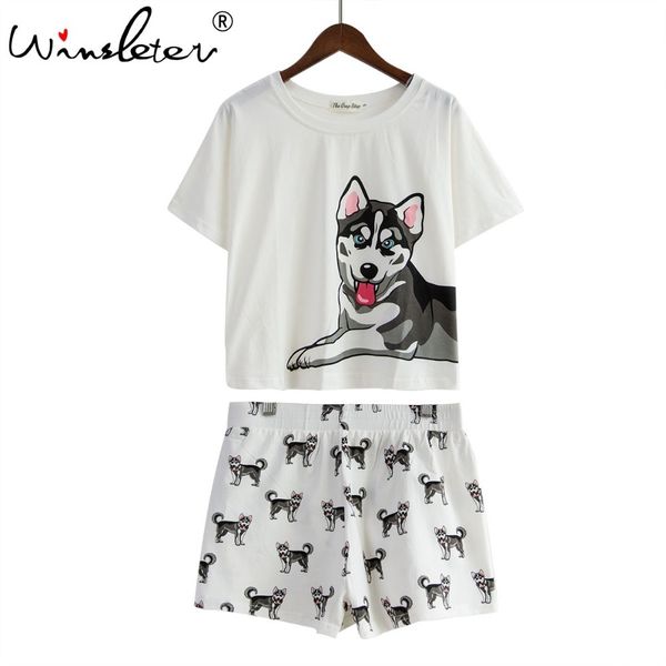 Acheter Chien Imprimé Femmes Pyjamas Husky Imprimer Blanc Dessus Lâche Shorts Taille élastique 2 Pièces Set Vêtements De Nuit Pijamas S79201 Q190419