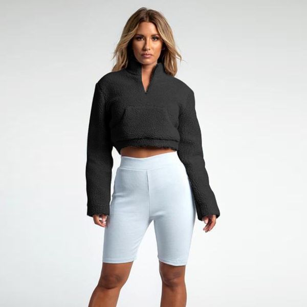 

autumn winter long sleeve hoodies women pullovers stand collar zipper pocket slim sweatshirt women casual cropped hoodie, Black;brown